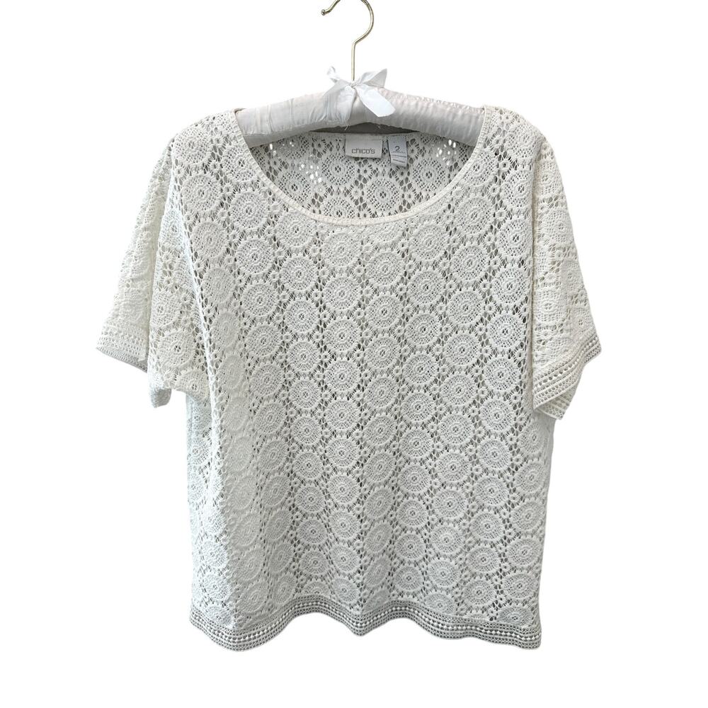 CHICOS | White Crochet Lace Short Sleeve Top Boho Cottagecore | Size 2 Large